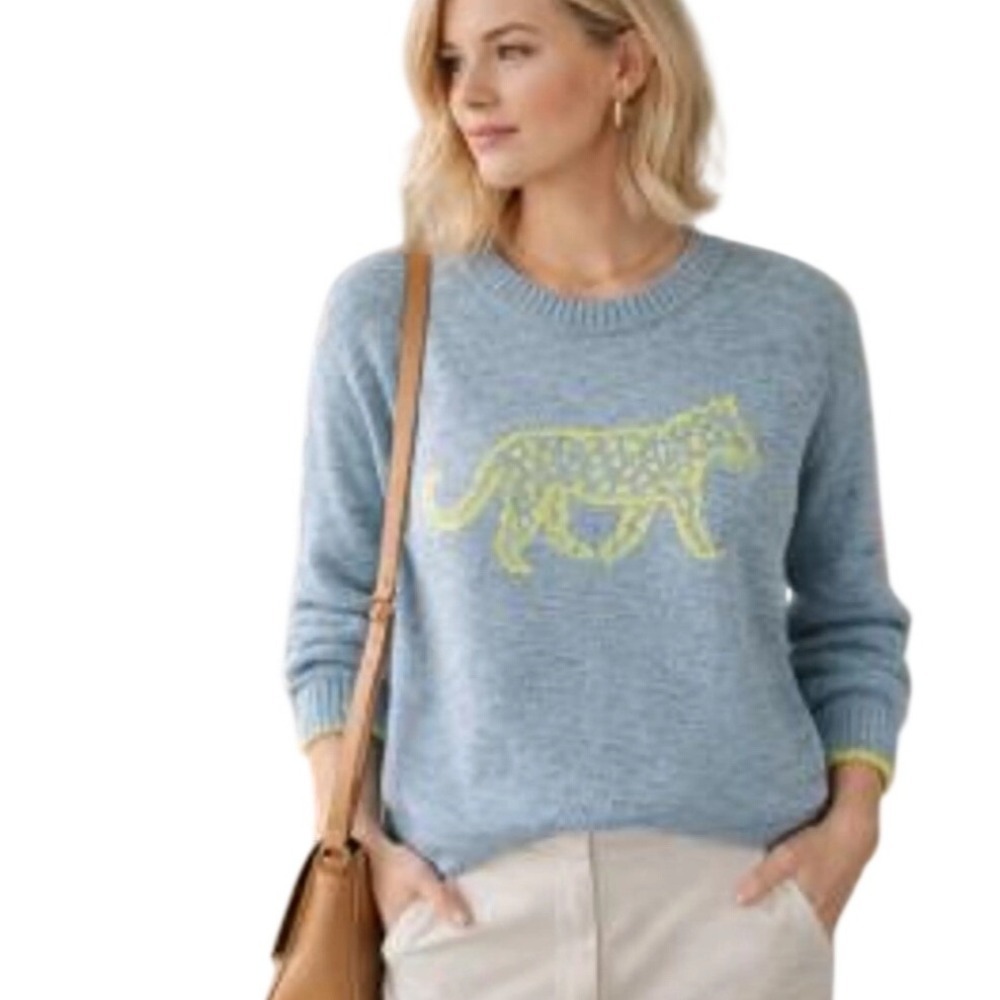 Lou & Grey Blue Leopard Intarsia Knit Crewneck Sweater XL Light Pullover Graphic